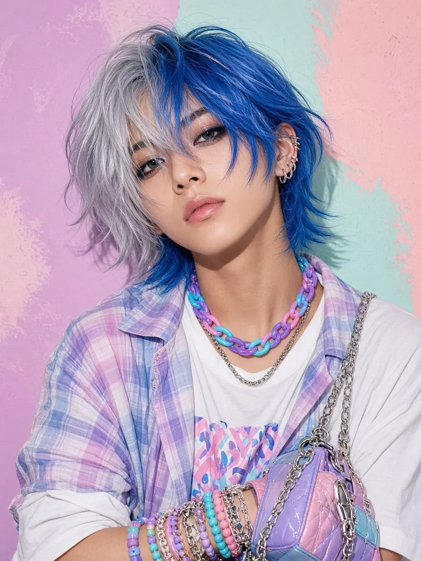 ブルーとシルバーのツートーンヘアのモデル