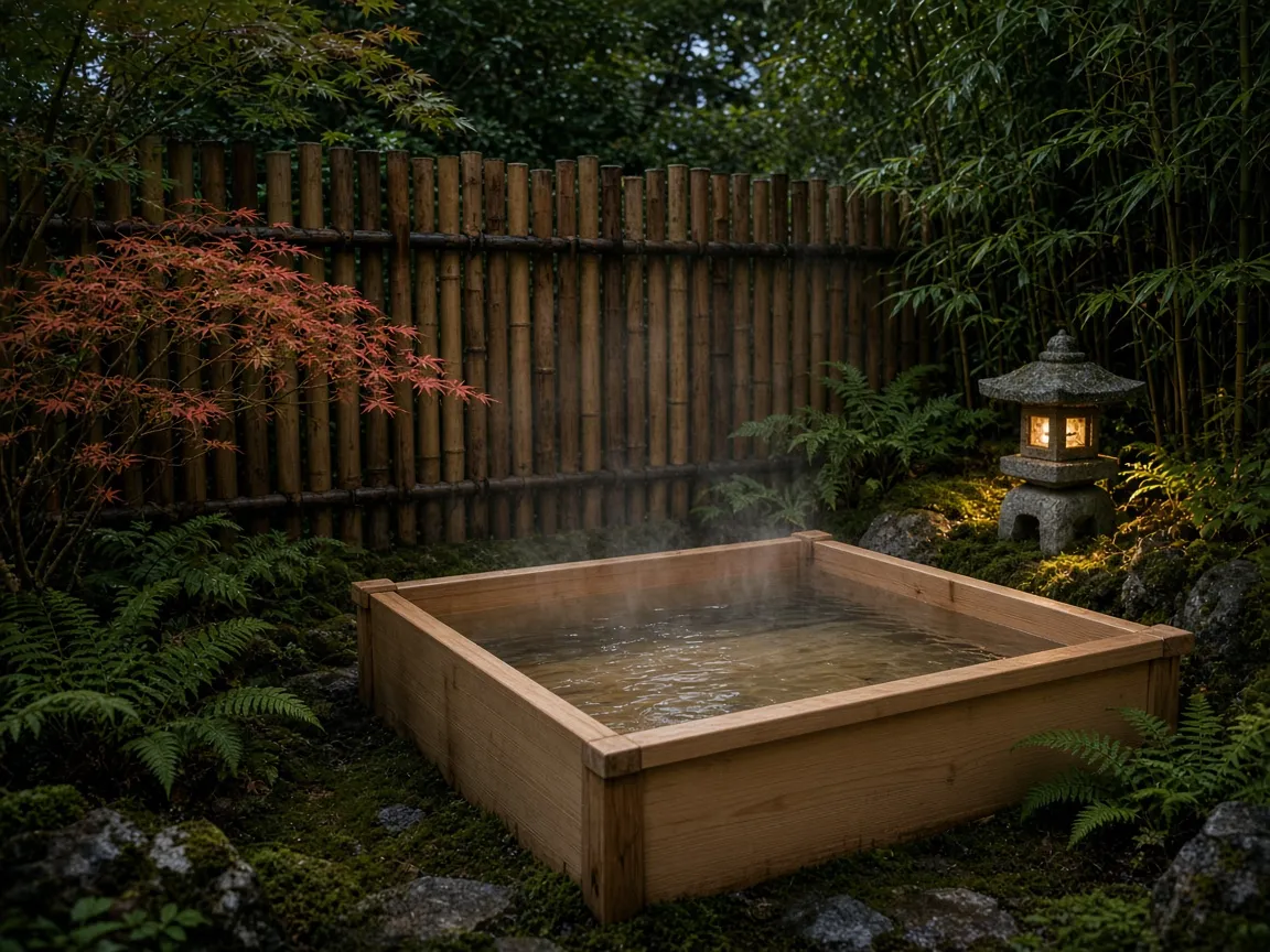 A hinoki open-air bath surrounded by a bamboo fence and a lit lantern at dusk