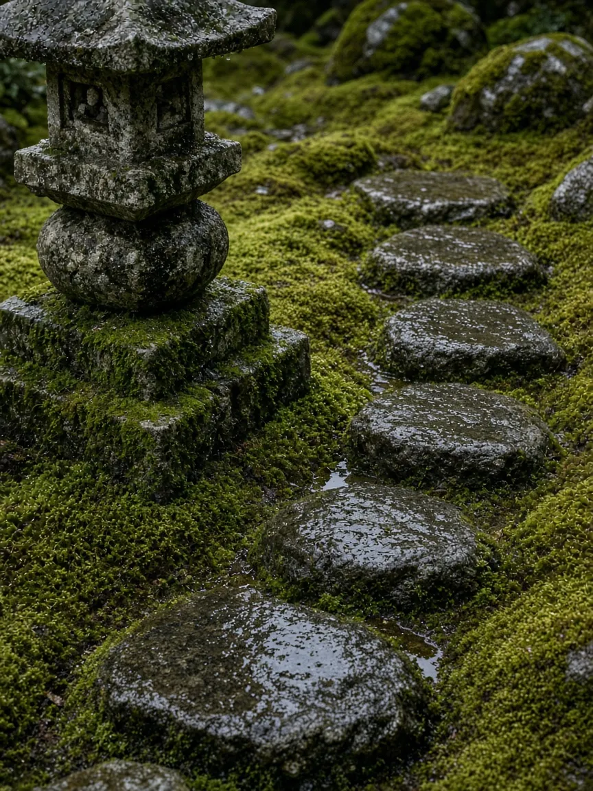 A moss garden with a stone lantern and stepping stones after rain