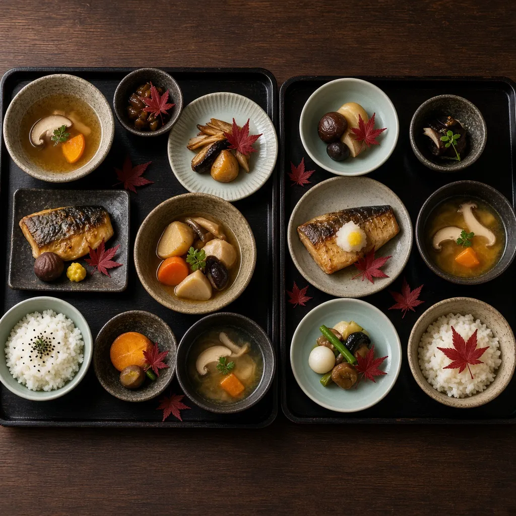 Seasonal kaiseki dishes on black lacquer trays